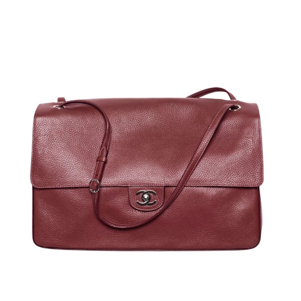 Chanel Maxi Flap Bag Grained Leather Silver-Tone Metal Dark Burgundy 38cm