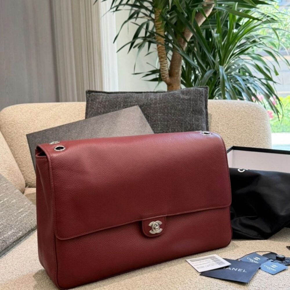 Alternative view of Chanel Maxi Flap Bag Grained Leather Silver-Tone Metal Dark Burgundy 38cm