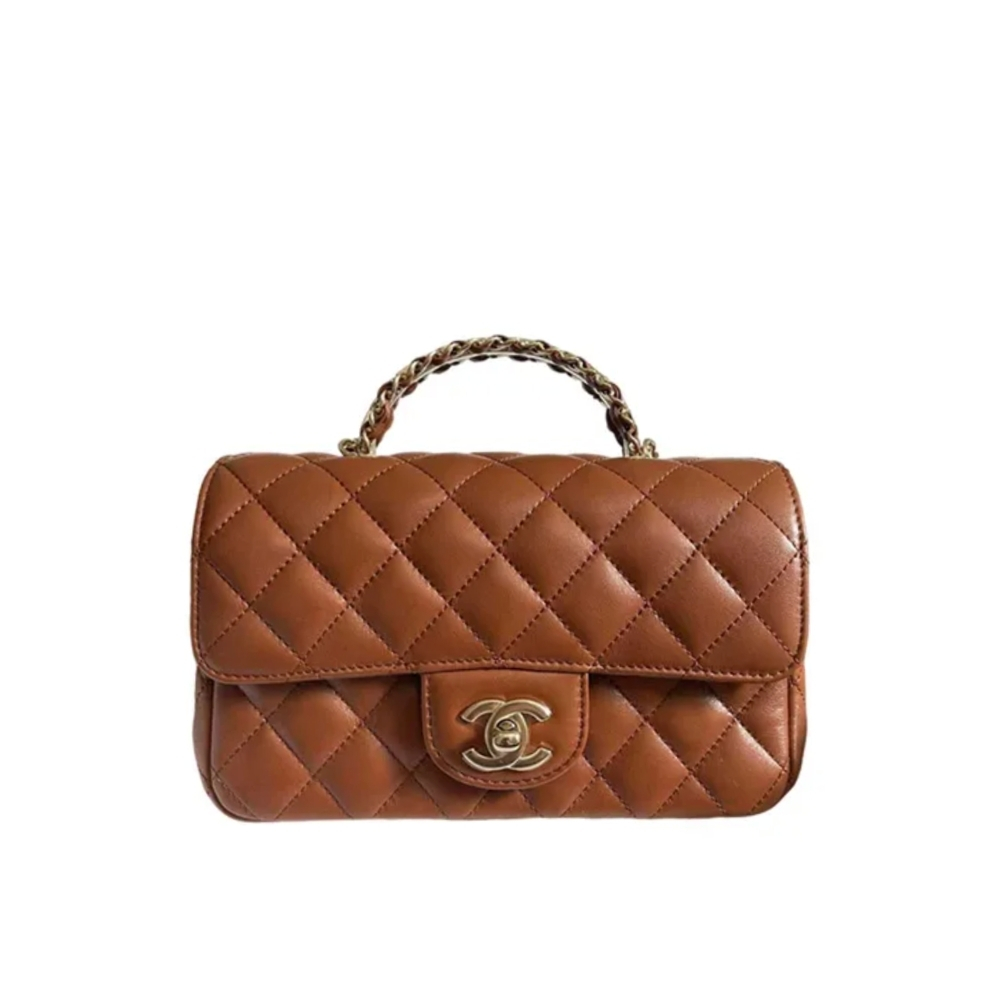 Chanel Classic Flap Bag With Top Handle Quilted Brown Gold Hardware 21Cm