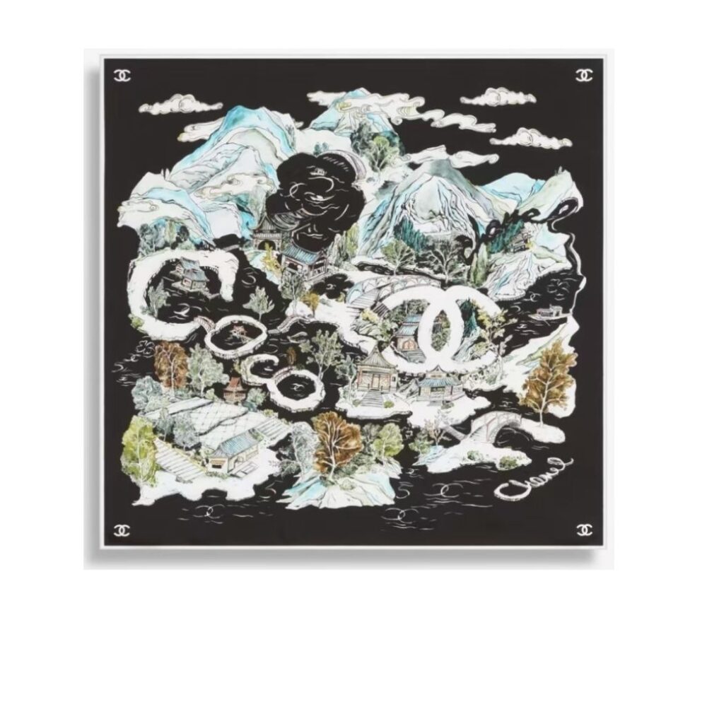 Chanel Logo Coco Black Silk Scarf 90Cm