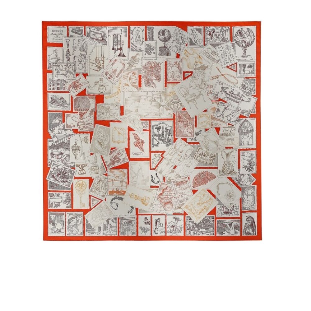 Hermes Le Philateliste Du Faubourg Square Silk Scarf Red 90Cm H004205S 09