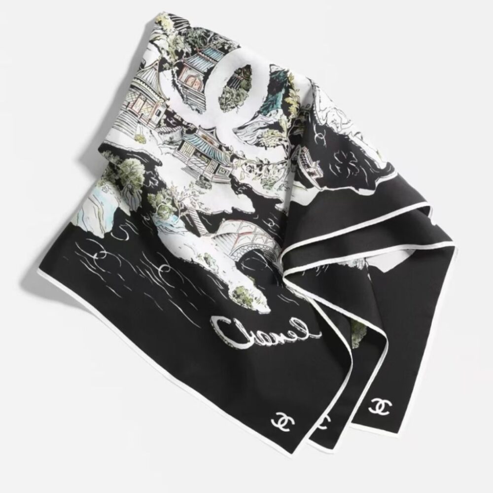 Alternative view of Chanel Logo Coco Black Silk Scarf 90Cm