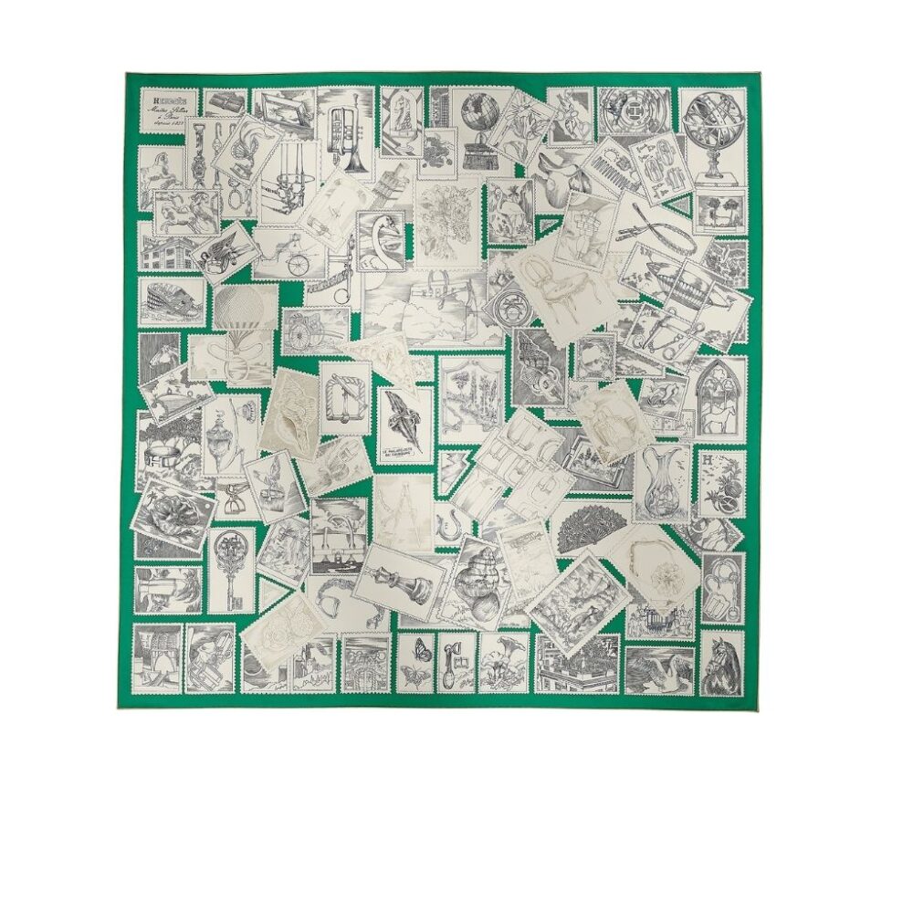 Hermes Le Philateliste Du Faubourg Square Silk Scarf Green 90Cm H004205S 07