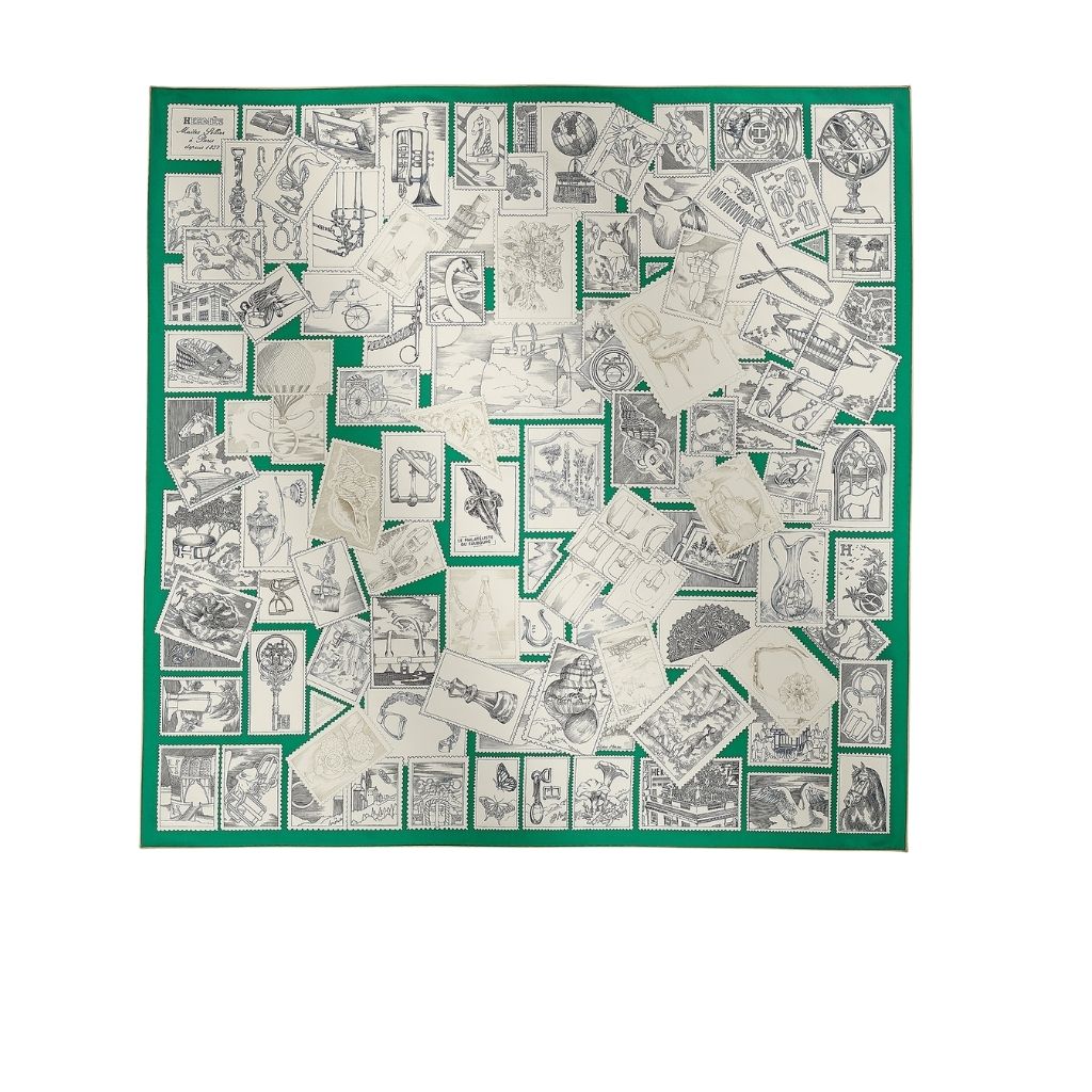Hermes Le Philateliste Du Faubourg Square Silk Scarf Green 90Cm H004205S 07