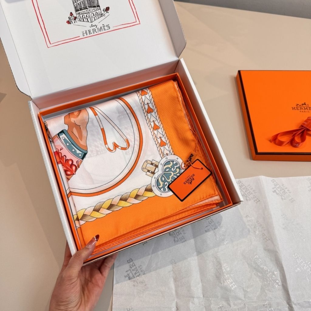 Hermes Harness De Coeur Heart Silk Scarf Orange 90Cm H004090S 02 - Image 4