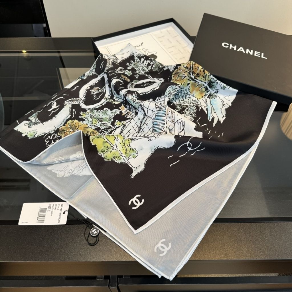 Chanel Logo Coco Black Silk Scarf 90Cm - Image 4