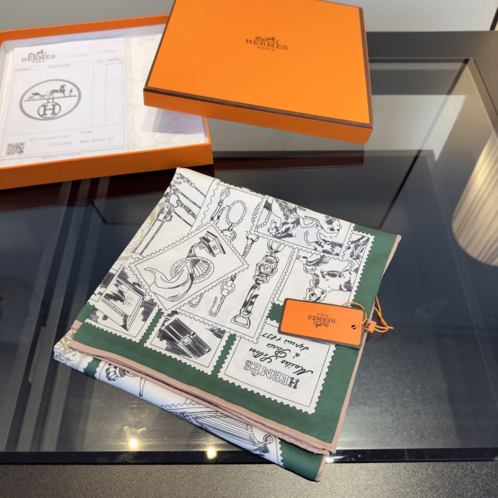 Hermes Le Philateliste Du Faubourg Square Silk Scarf Green 90Cm H004205S 07 - Image 3