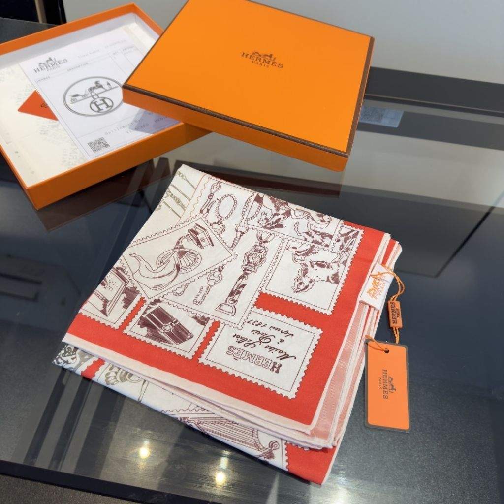 Hermes Le Philateliste Du Faubourg Square Silk Scarf Red 90Cm H004205S 09 - Image 4
