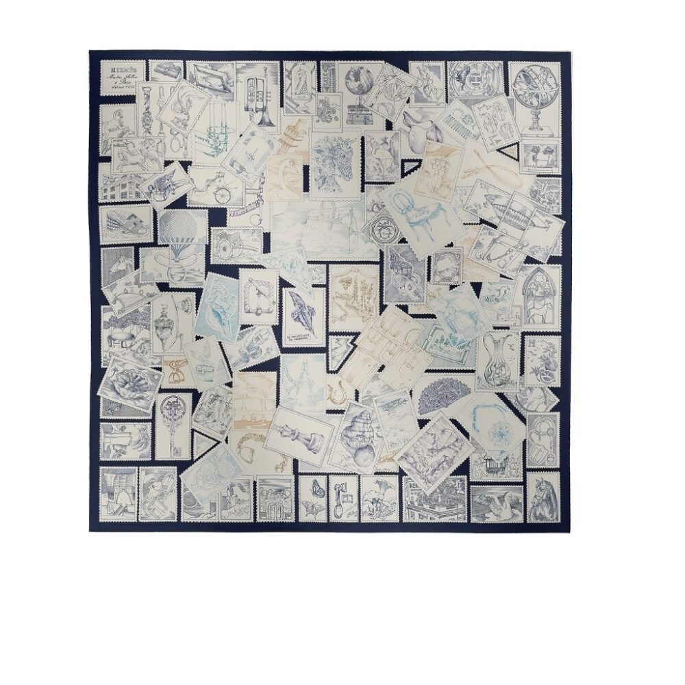 Hermes Le Philateliste Du Faubourg Square Silk Scarf Blue 90Cm H004205S 12