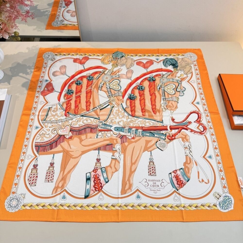 Alternative view of Hermes Harness De Coeur Heart Silk Scarf Orange 90Cm H004090S 02