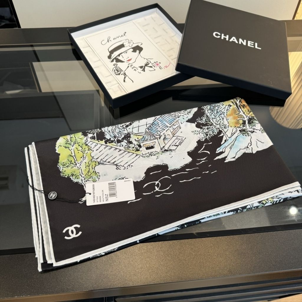 Chanel Logo Coco Black Silk Scarf 90Cm - Image 5