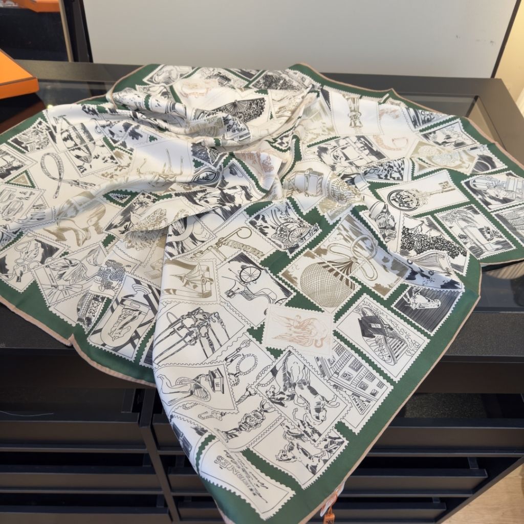 Hermes Le Philateliste Du Faubourg Square Silk Scarf Green 90Cm H004205S 07 - Image 4