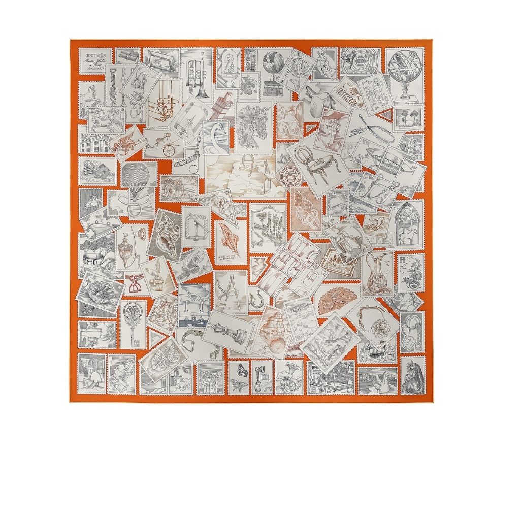 Hermes Le Philateliste Du Faubourg Square Silk Scarf Orange 90Cm H004205S 11