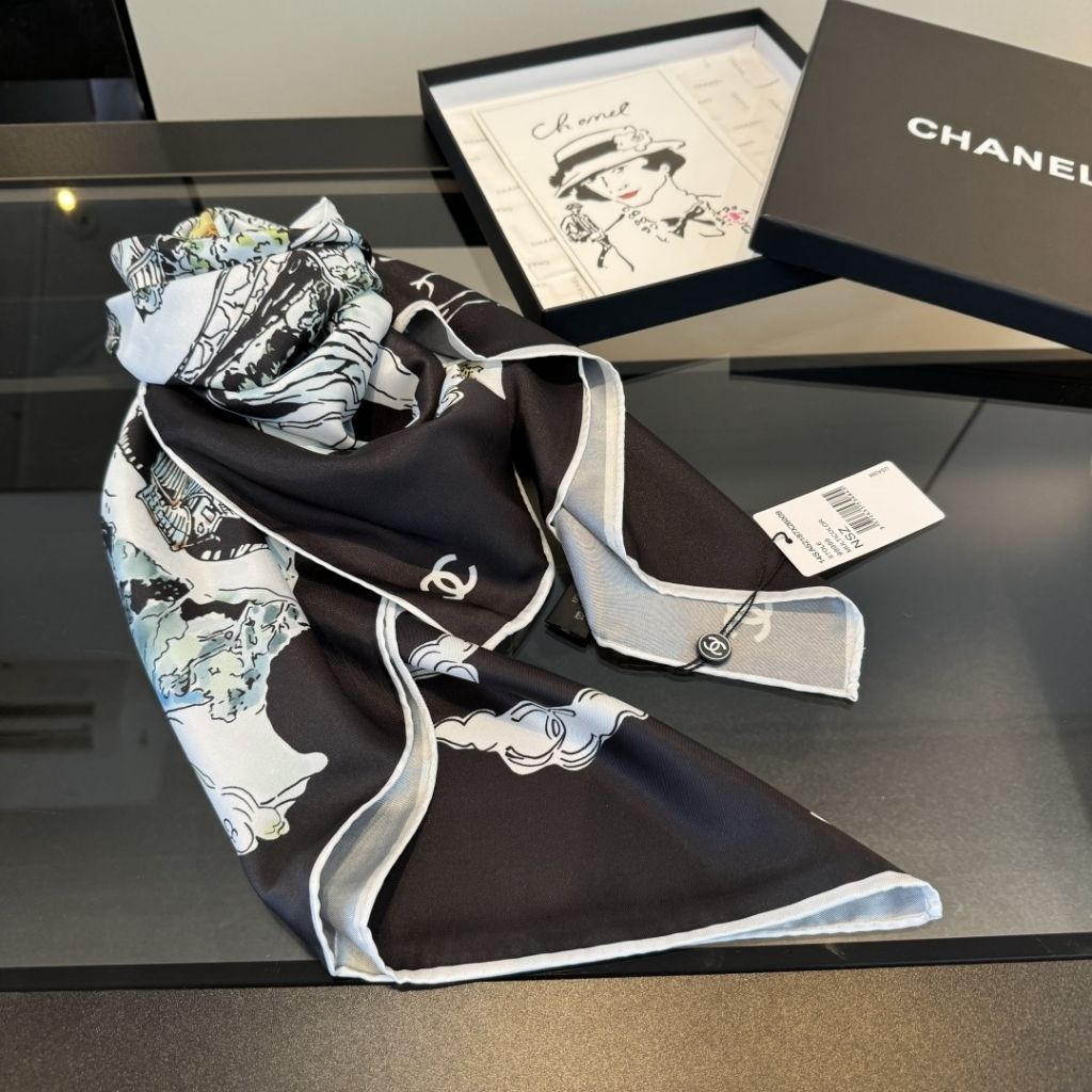 Chanel Logo Coco Black Silk Scarf 90Cm - Image 6