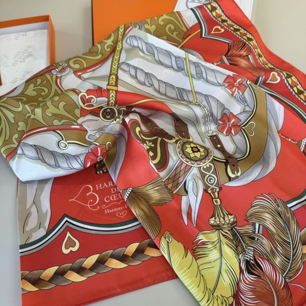 Hermes Harnais De Coeur Silk Scarf 90 Red 90Cm H004090S 09 - Image 4