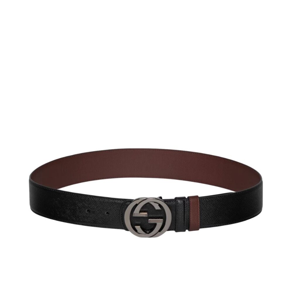 Gucci Reversible Belt With Interlocking G Buckle Black Grainy Leather 4Cm 854722 AAFWB 1047