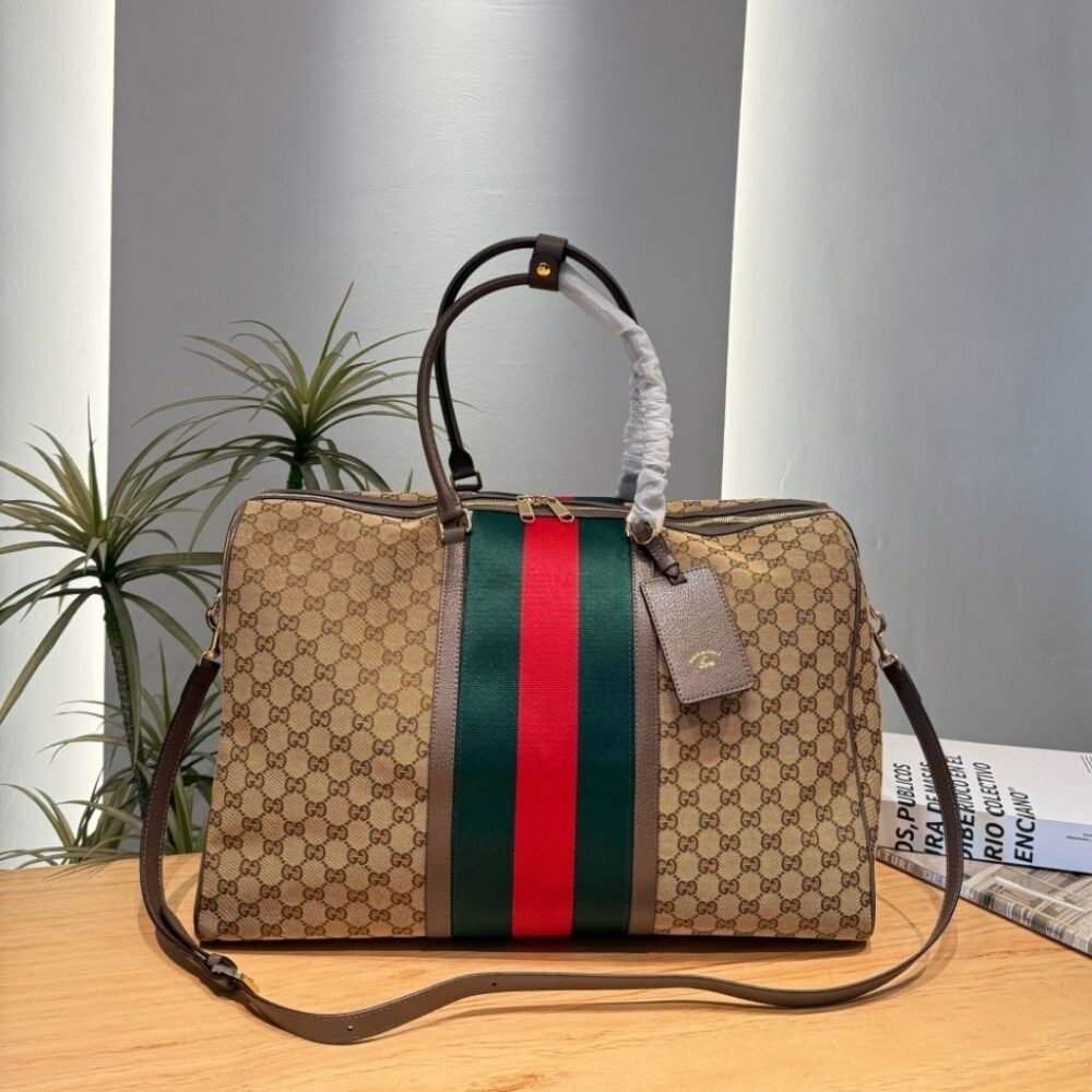 Alternative view of Gucci Medium GG Duffle Bag With Web Sand And Brown GG Canvas 50Cm 875059 FAF79 8547