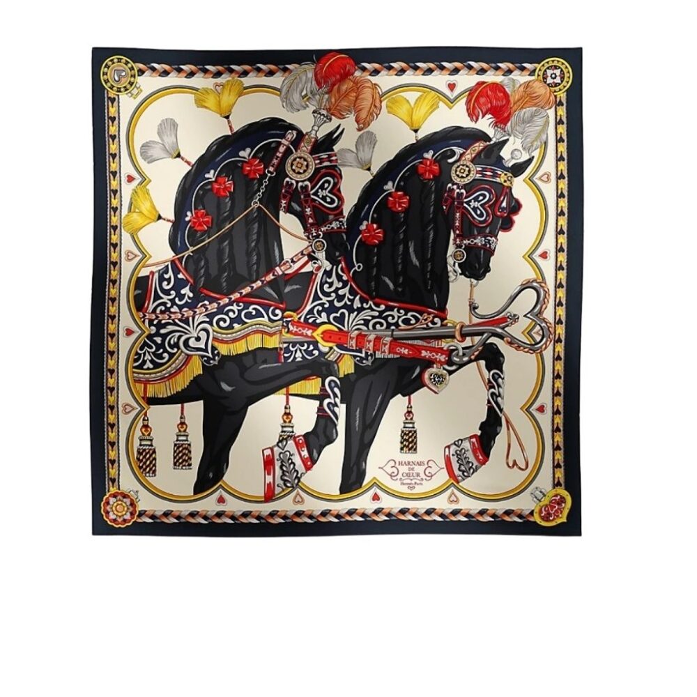 Hermes Harnais De Coeur Silk Scarf 90 Black Multi-Colored 90Cm H004090S 11