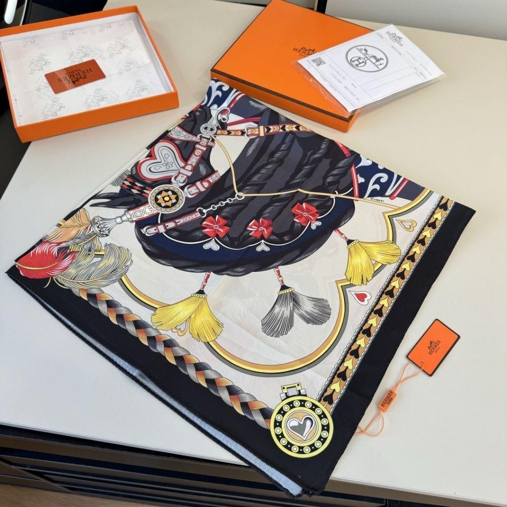 Hermes Harnais De Coeur Silk Scarf 90 Black Multi-Colored 90Cm H004090S 11 - Image 3