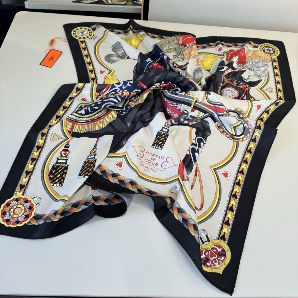 Hermes Harnais De Coeur Silk Scarf 90 Black Multi-Colored 90Cm H004090S 11 - Image 4