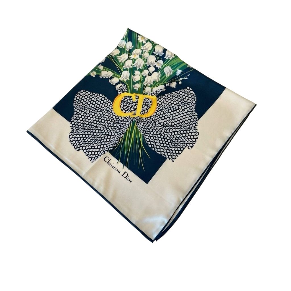 Christian Dior Vintage Silk Scarf – Lily Of The Valley Floral Print Blue 90Cm