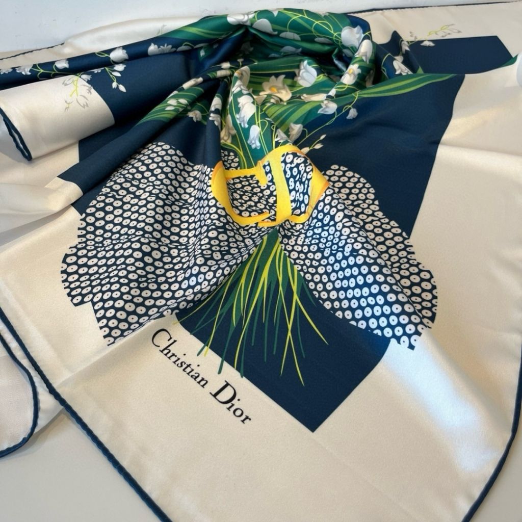 Christian Dior Vintage Silk Scarf – Lily Of The Valley Floral Print Blue 90Cm - Image 5