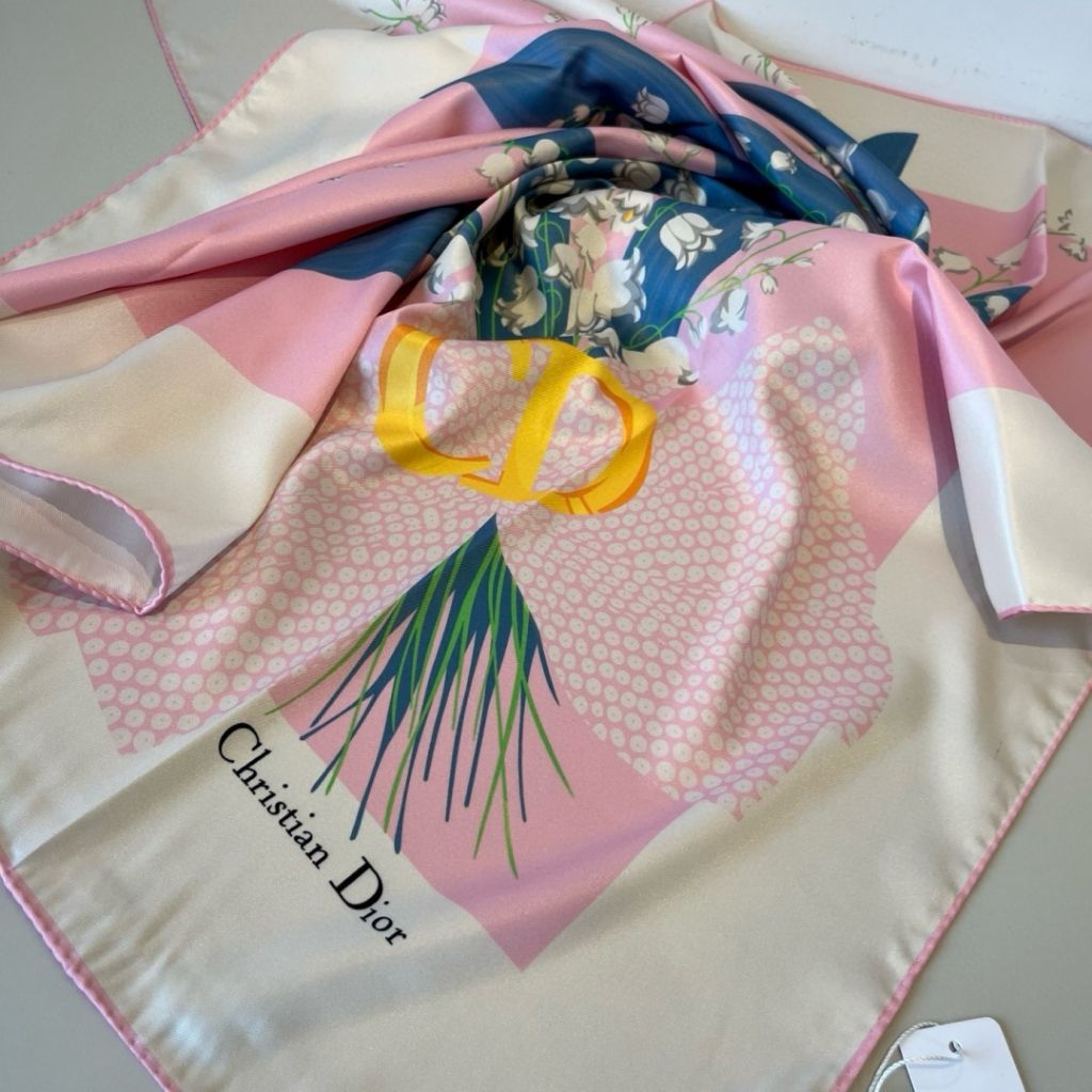 Christian Dior Vintage Silk Scarf – Lily Of The Valley Floral Print Pink 90Cm - Image 4