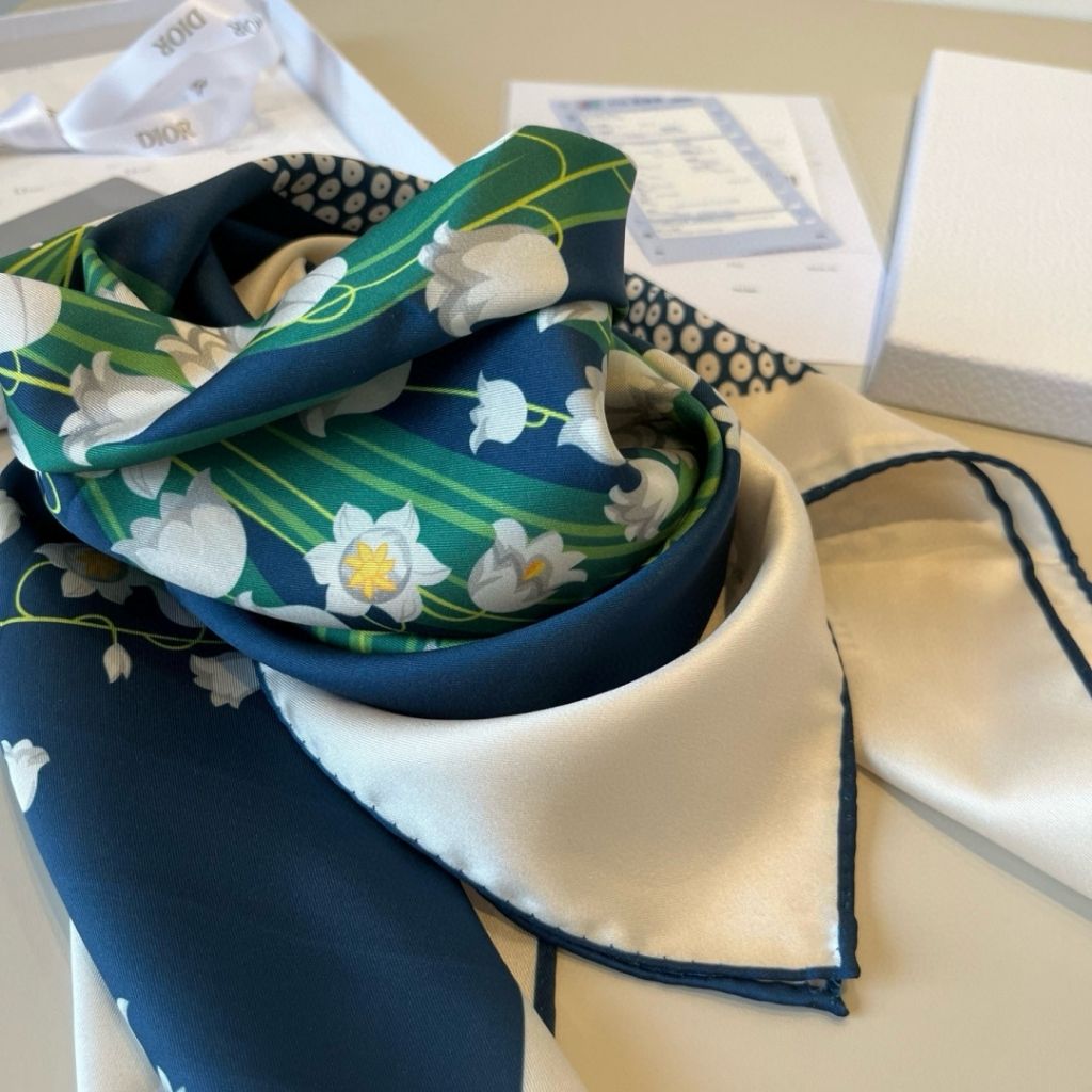 Christian Dior Vintage Silk Scarf – Lily Of The Valley Floral Print Blue 90Cm - Image 4