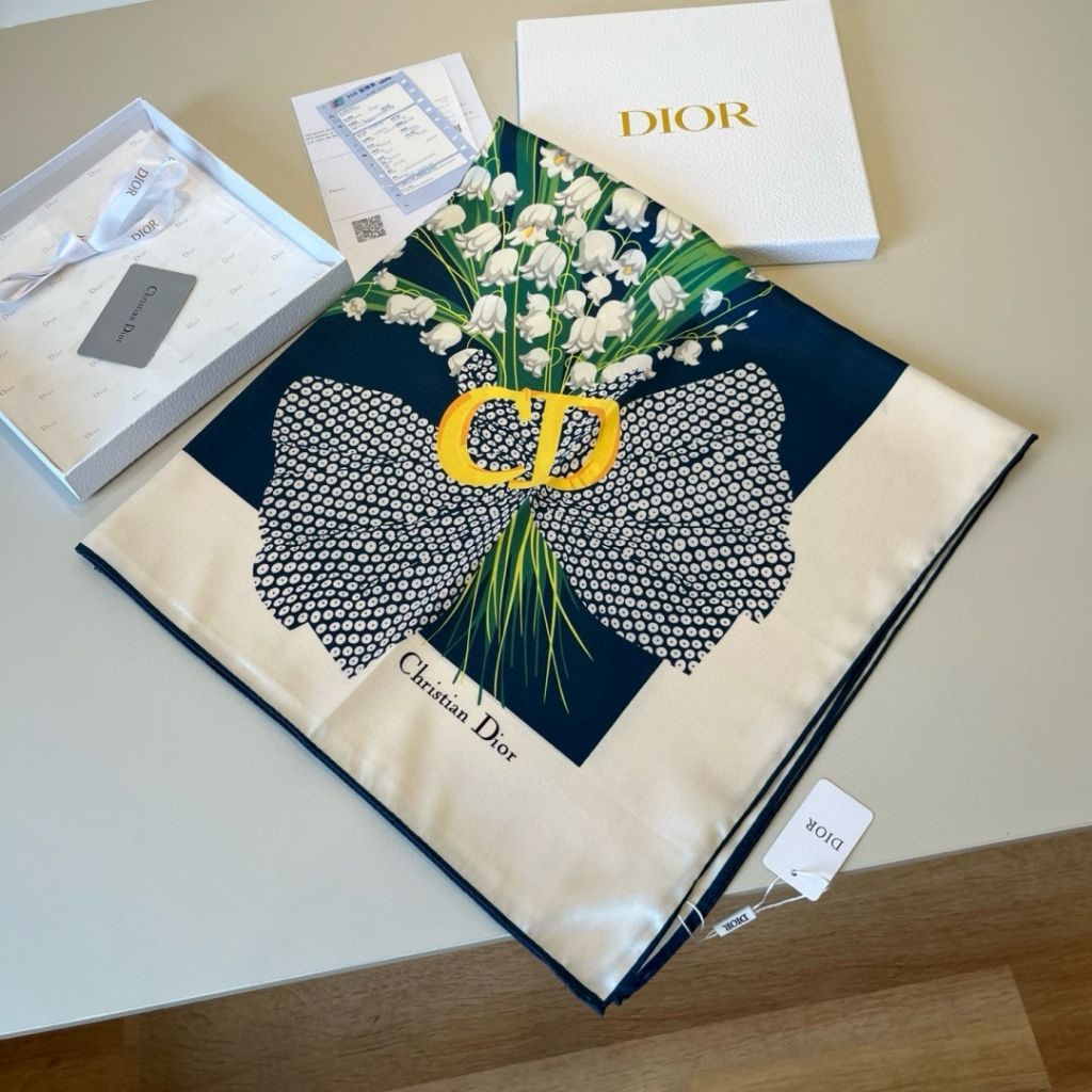 Christian Dior Vintage Silk Scarf – Lily Of The Valley Floral Print Blue 90Cm - Image 3