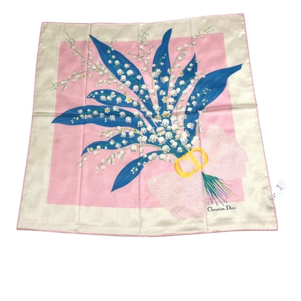 Christian Dior Vintage Silk Scarf – Lily Of The Valley Floral Print Pink 90Cm