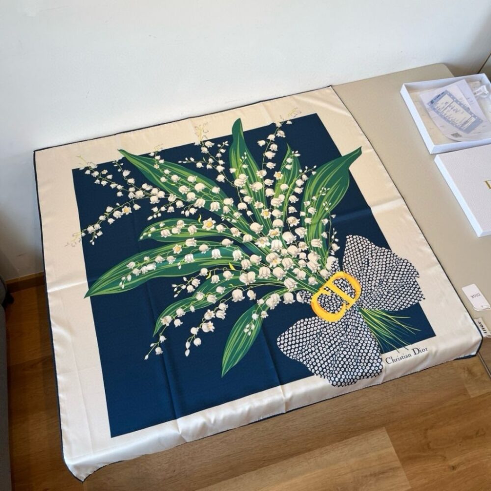 Alternative view of Christian Dior Vintage Silk Scarf – Lily Of The Valley Floral Print Blue 90Cm