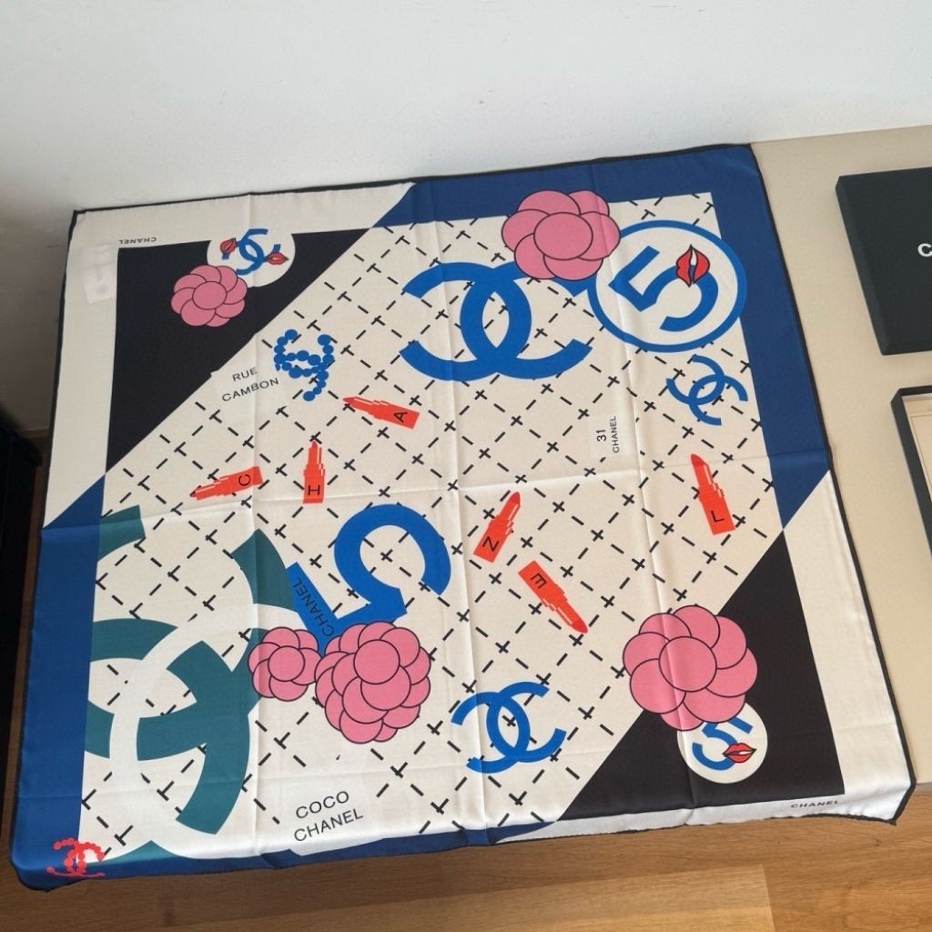 Chanel Board Game Silk Square Scarf Camellia Lipstick Print 90Cm - Image 2