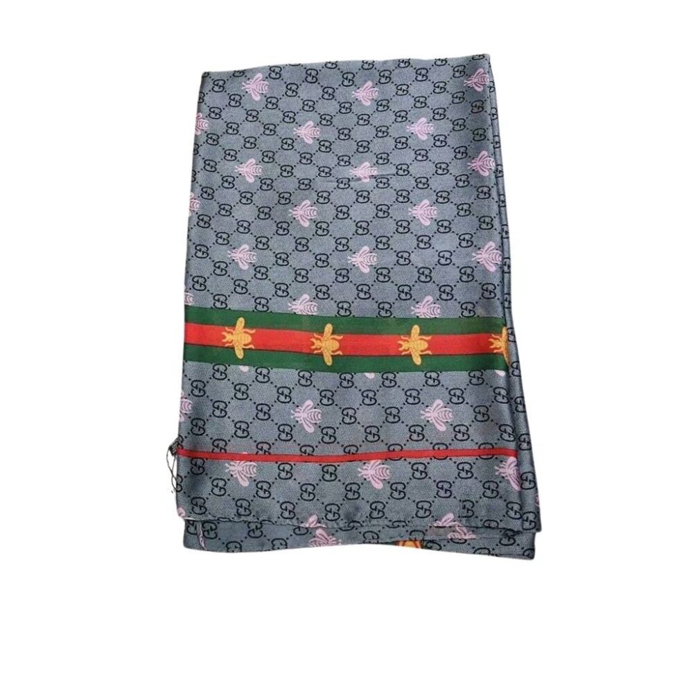 Gucci Wool Cashmere Silk Web And Bee Grey Scarf 180cm