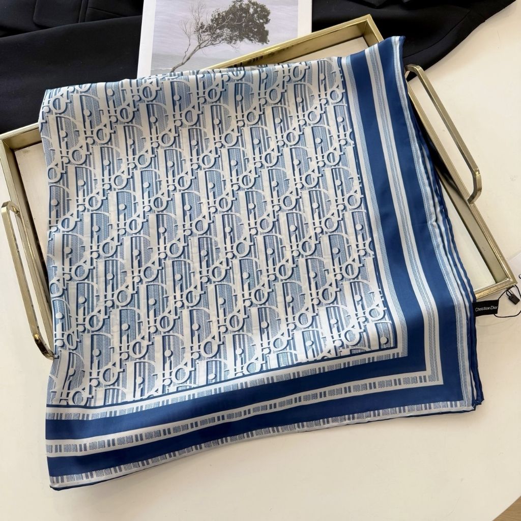 Christian Dior Oblique Diortwin Square Scarf Light Blue Silk Twill 90Cm - Image 3