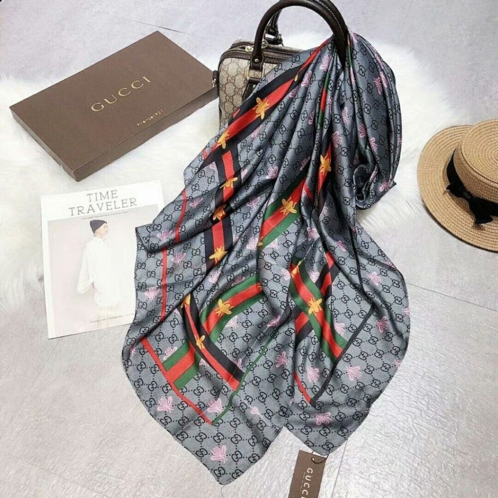 Alternative view of Gucci Wool Cashmere Silk Web And Bee Grey Scarf 180cm