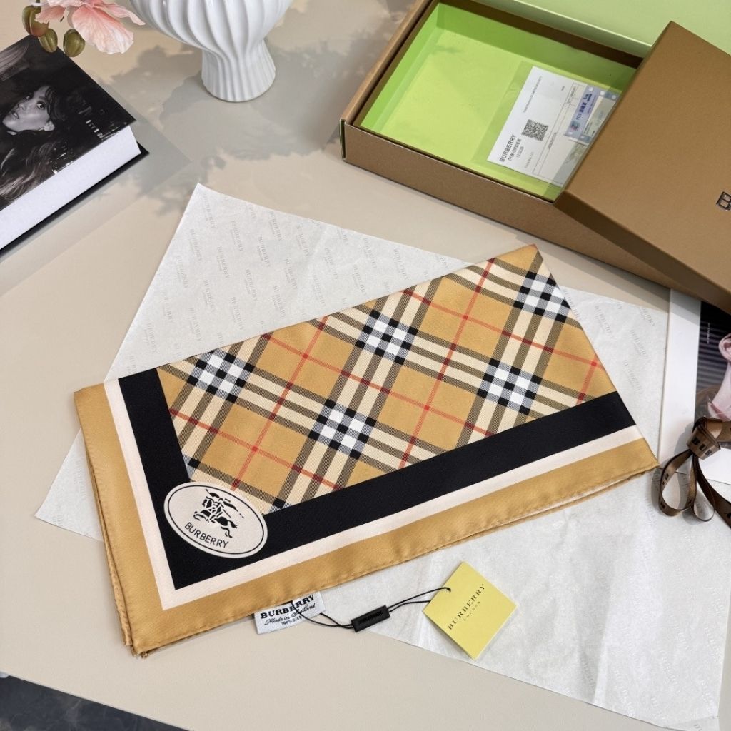 Burberry Check Silk Scarf Sand Beige 90Cm 81130481 - Image 5