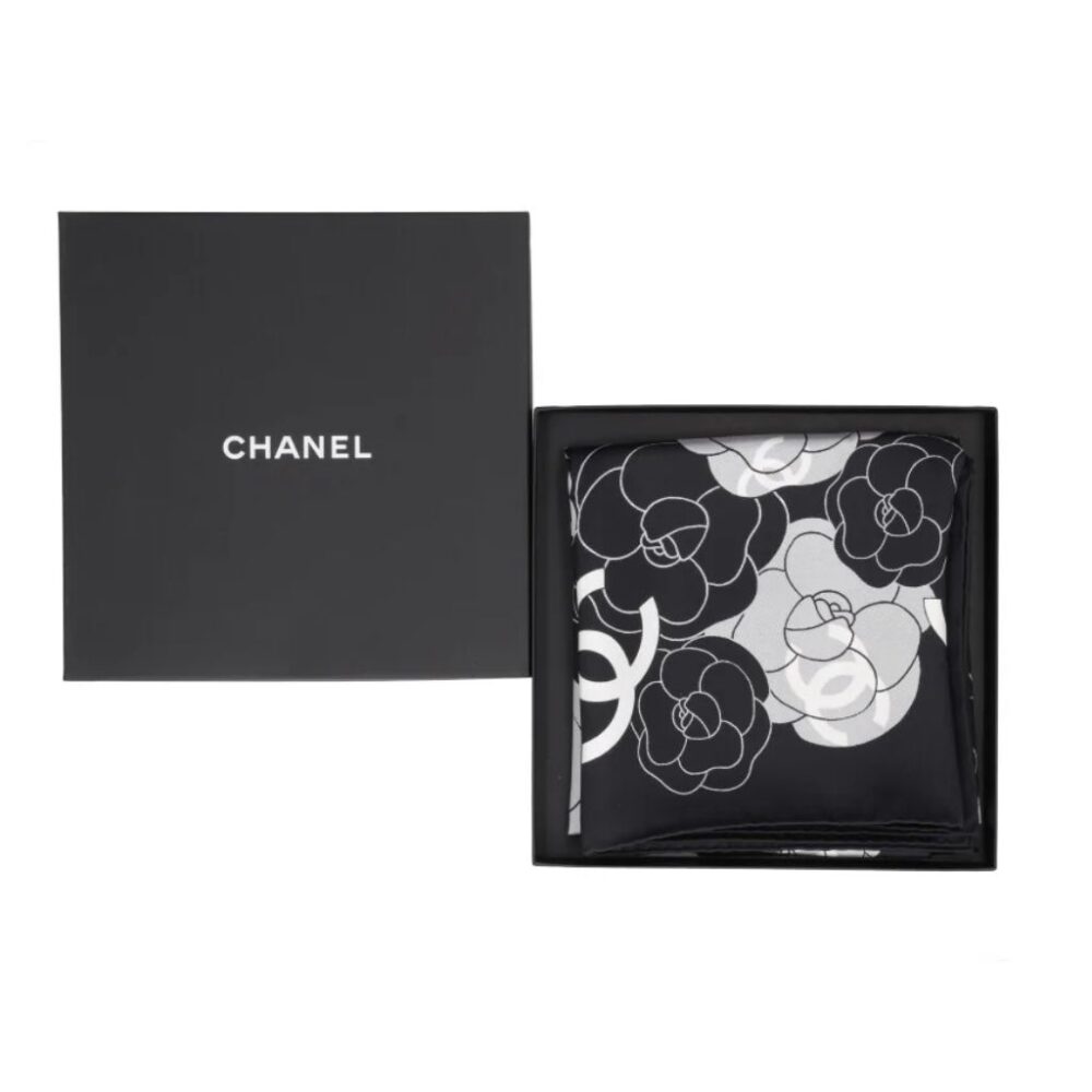 Chanel CC Camelia Scarf Silk Black And White 180Cm