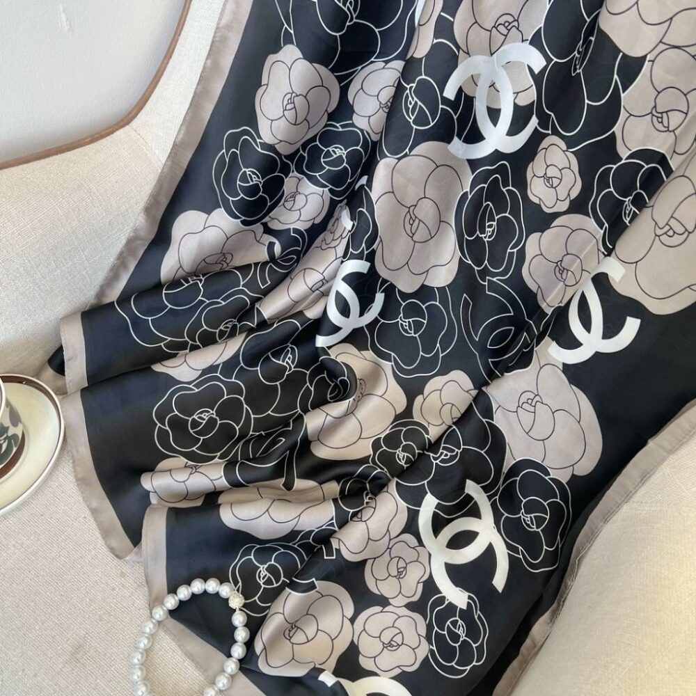 Alternative view of Chanel CC Camelia Scarf Silk Black And White 180Cm
