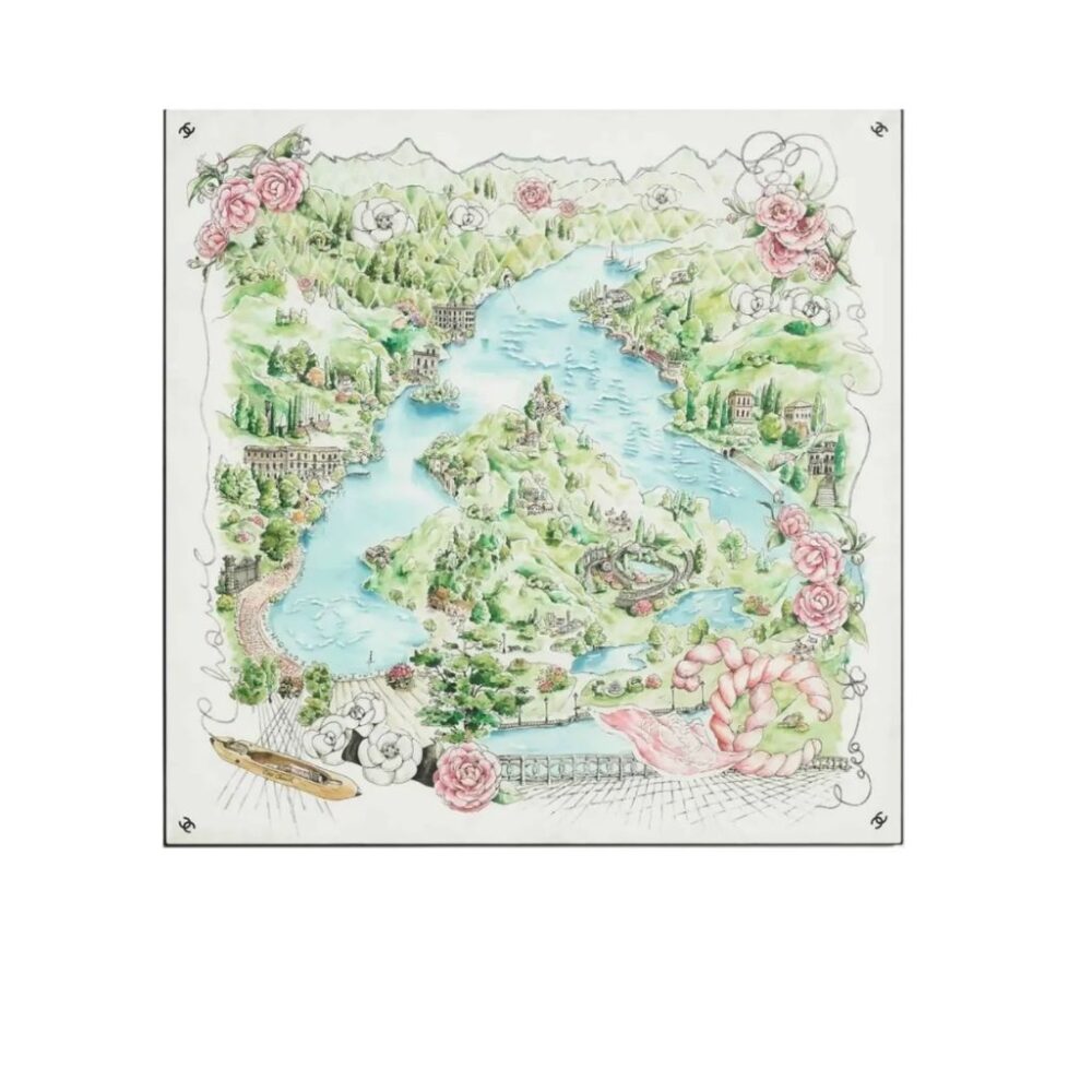 Chanel Square Scraf In Silk Twill White Multi-Colored And Black 90Cm