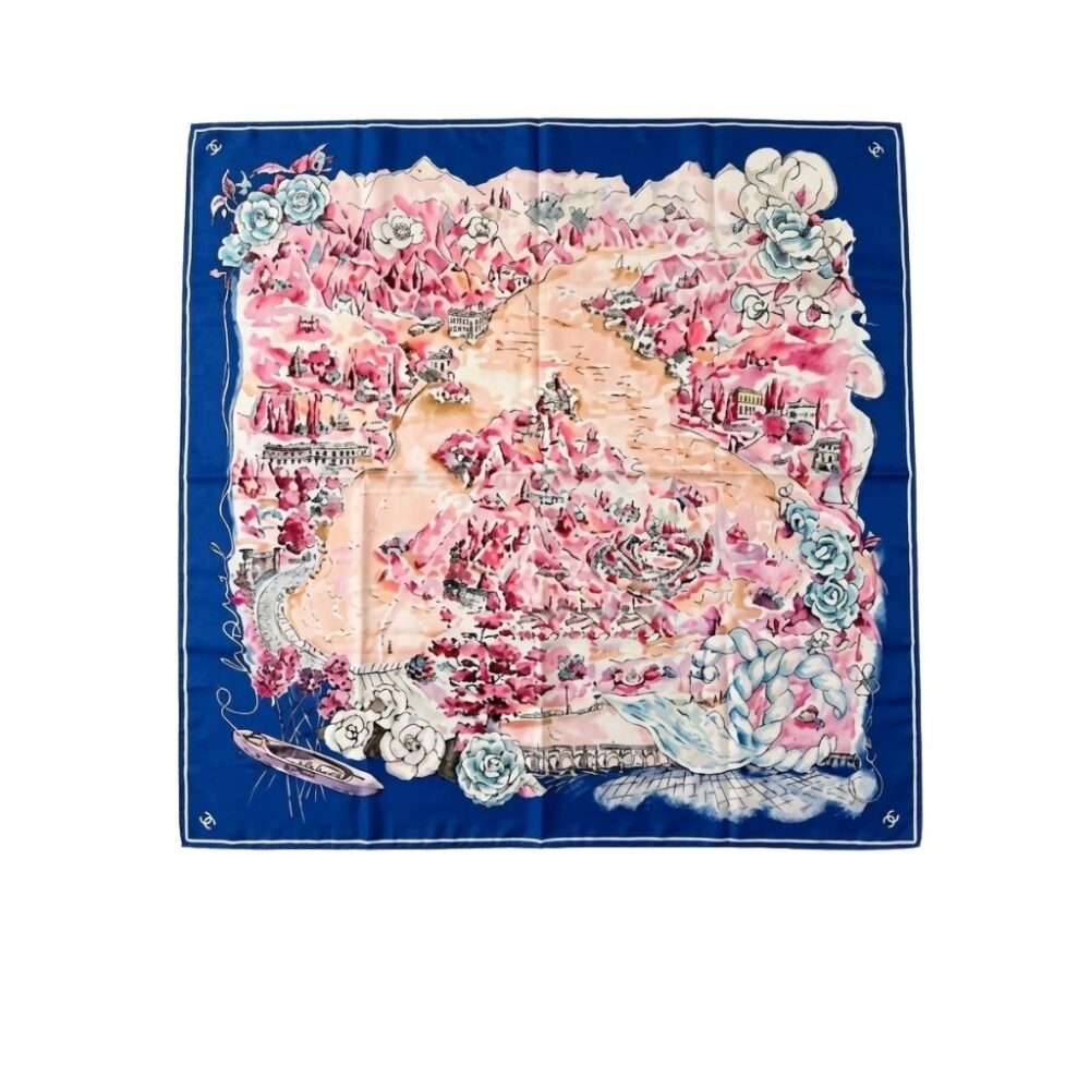 Chanel Square Scraf In Silk Twill Navy Blue Multi-Colored And White 90Cm