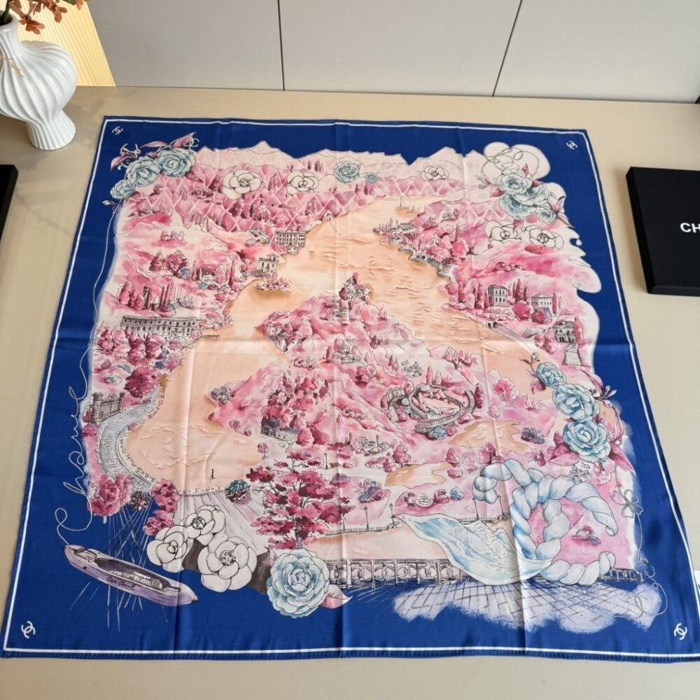 Alternative view of Chanel Square Scraf In Silk Twill Navy Blue Multi-Colored And White 90Cm