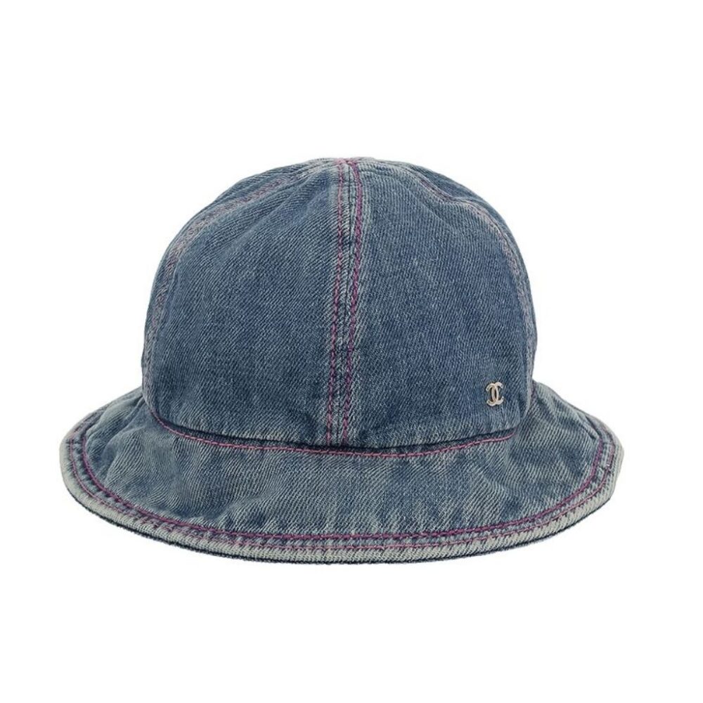 Chanel Washed Blue Denim Silver CC Logo Red Topstitch Bucket Hat KYCG/A00122