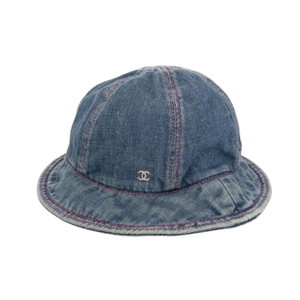 Alternative view of Chanel Washed Blue Denim Silver CC Logo Red Topstitch Bucket Hat KYCG/A00122