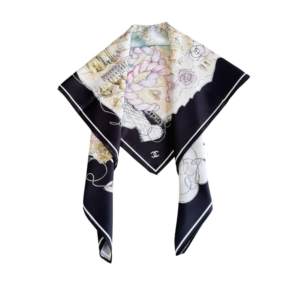 Chanel Square Scraf In Silk Twill Black And Multi-Colored 90Cm