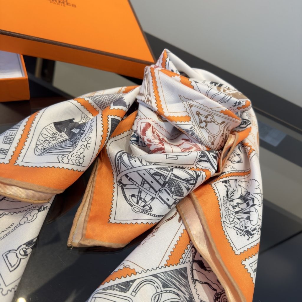 Hermes Le Philateliste Du Faubourg Square Silk Scarf Orange 90Cm H004205S 11 - Image 5