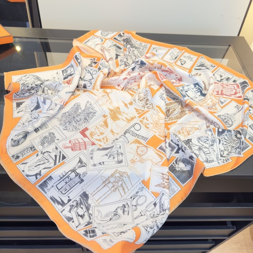 Hermes Le Philateliste Du Faubourg Square Silk Scarf Orange 90Cm H004205S 11 - Image 4