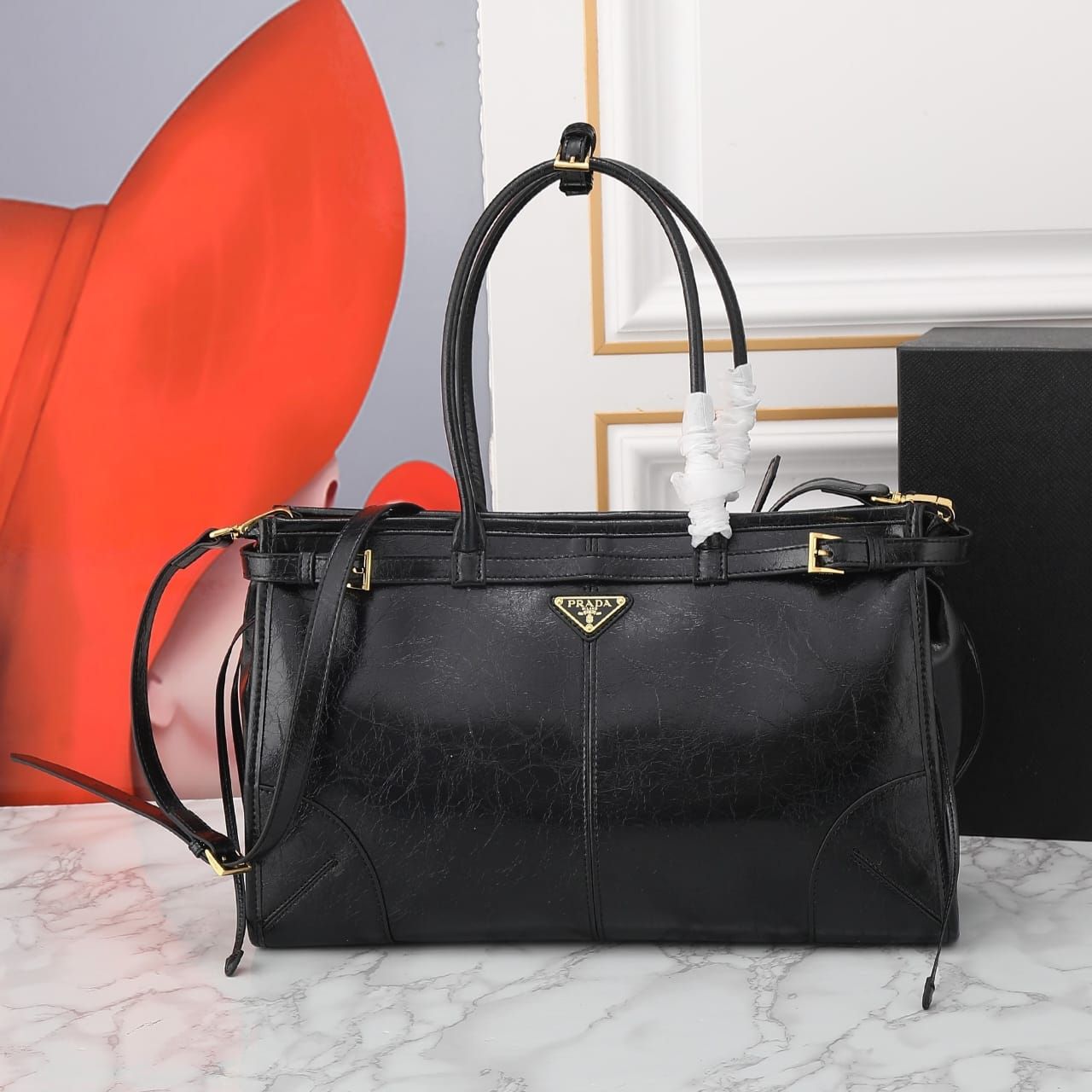 Prada Bonnie Large Leather Handbag Black 38cm 1BA433 2CYR F0002 V MOO - Image 4