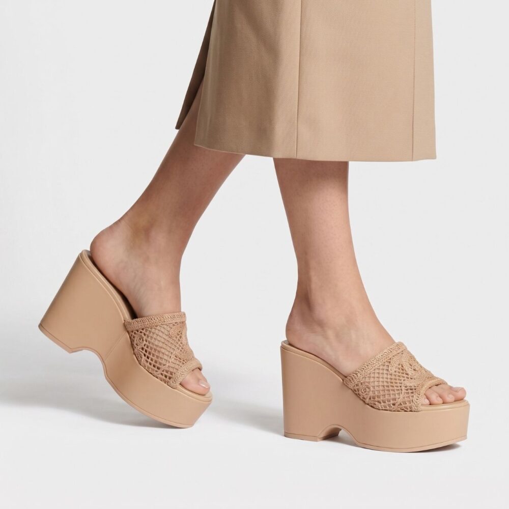 Alternative view of Chanel Crochet CC Platform Wedge Slide Sandals Beige