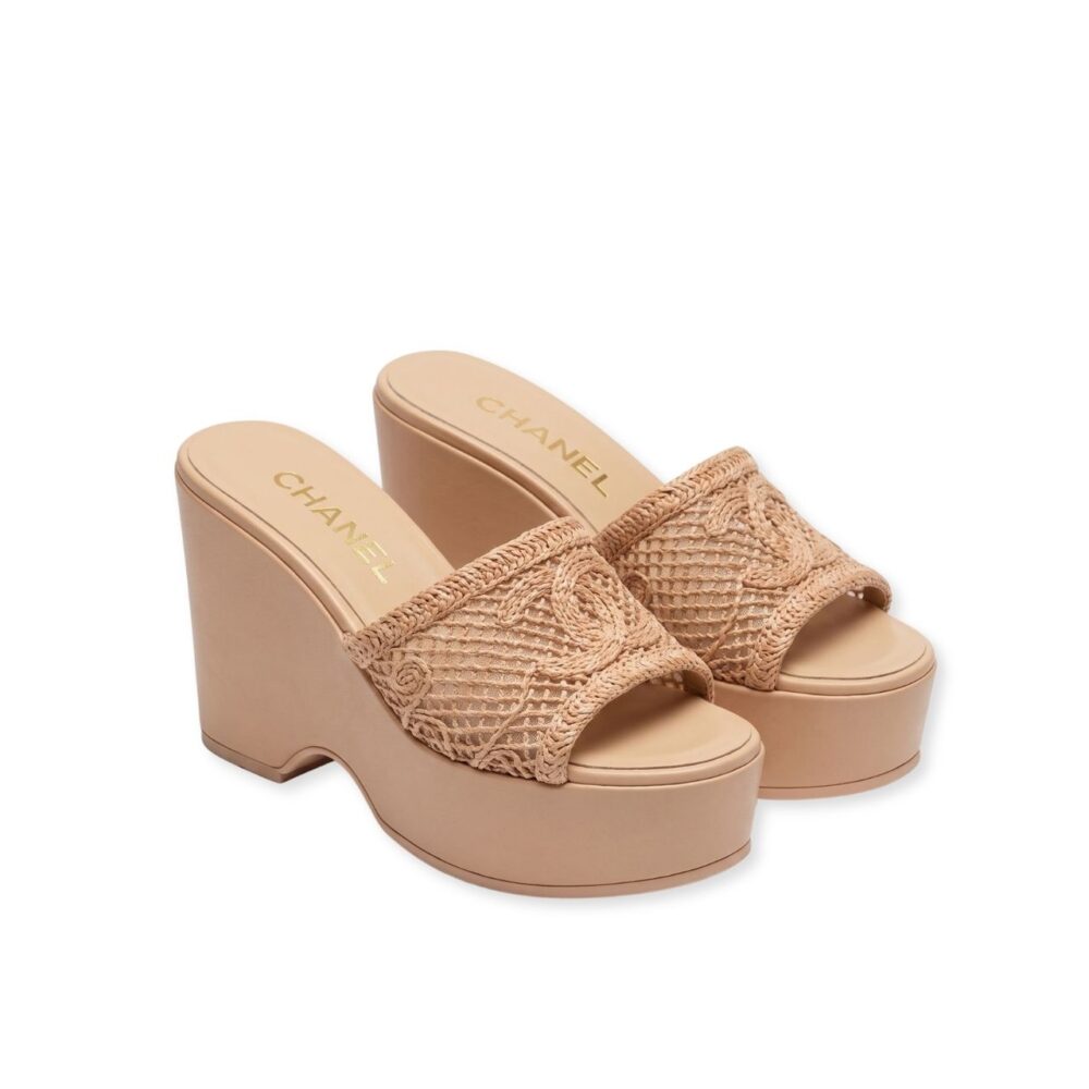 Chanel Crochet CC Platform Wedge Slide Sandals Beige