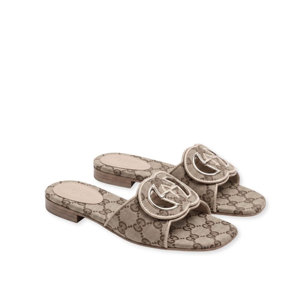 Gucci Interlocking G Cut Out Slide Sandal Beige
